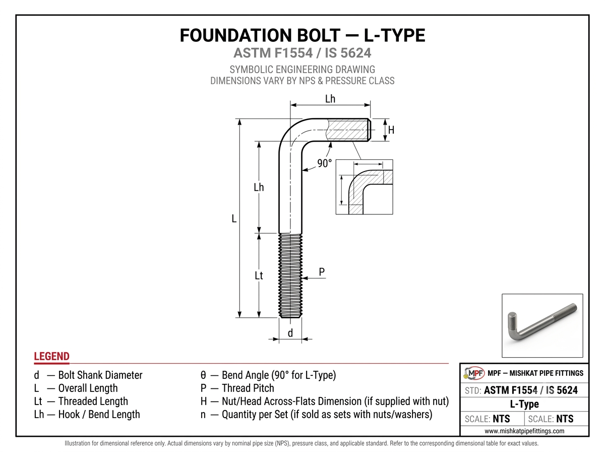 L type foundation bolt manufactured in Chennai by Mishkat Pipe Fittings Co.