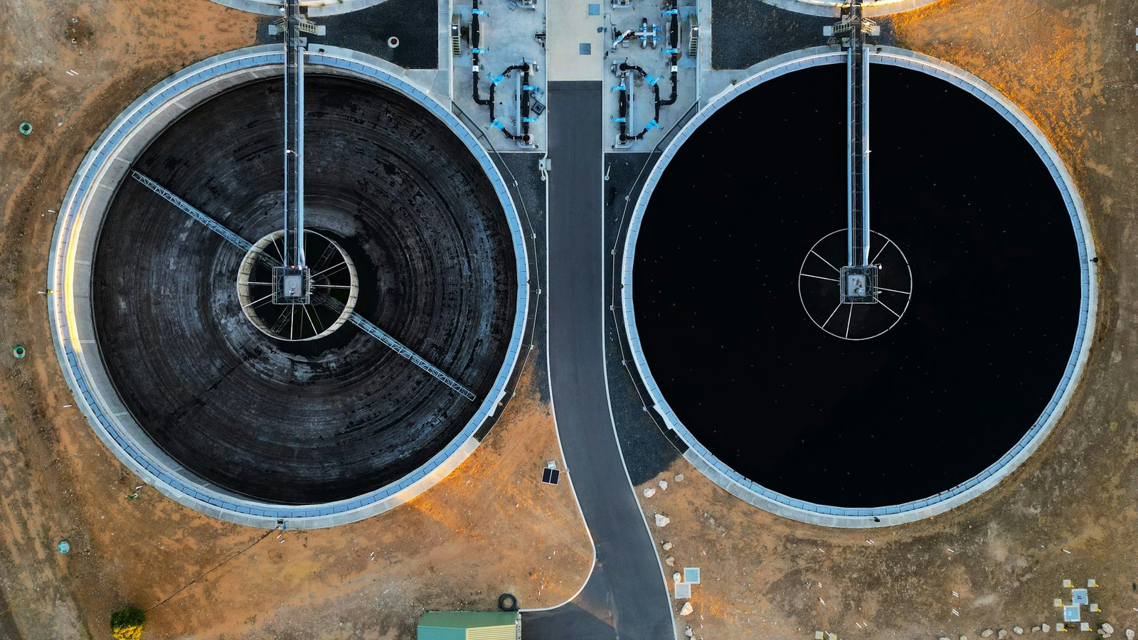 Aerial view of water utility storage tanks